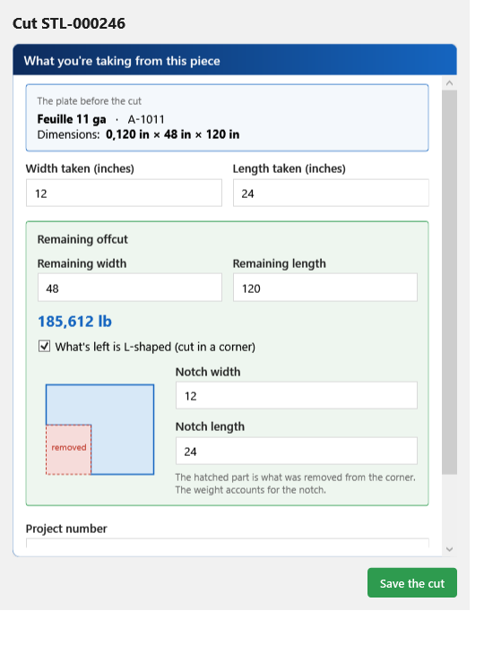 SysCut Inventory cutting screen