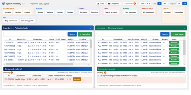 SysCut Inventory main screen