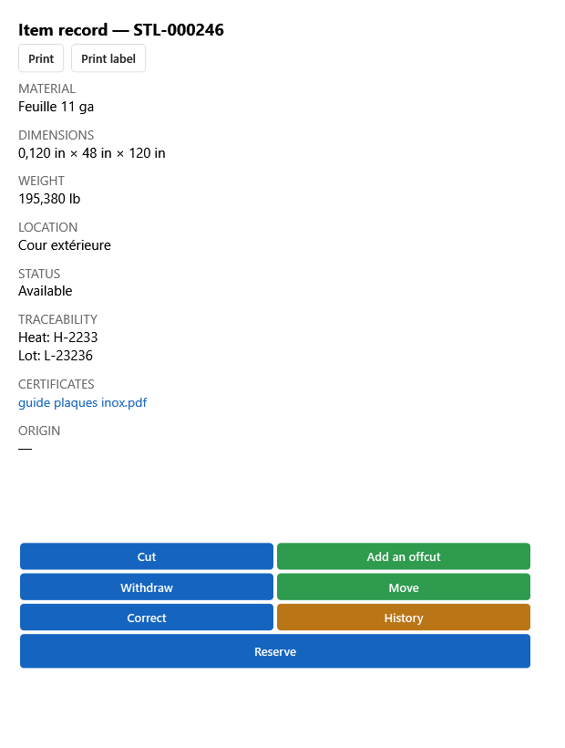 Item record with attached material certificate