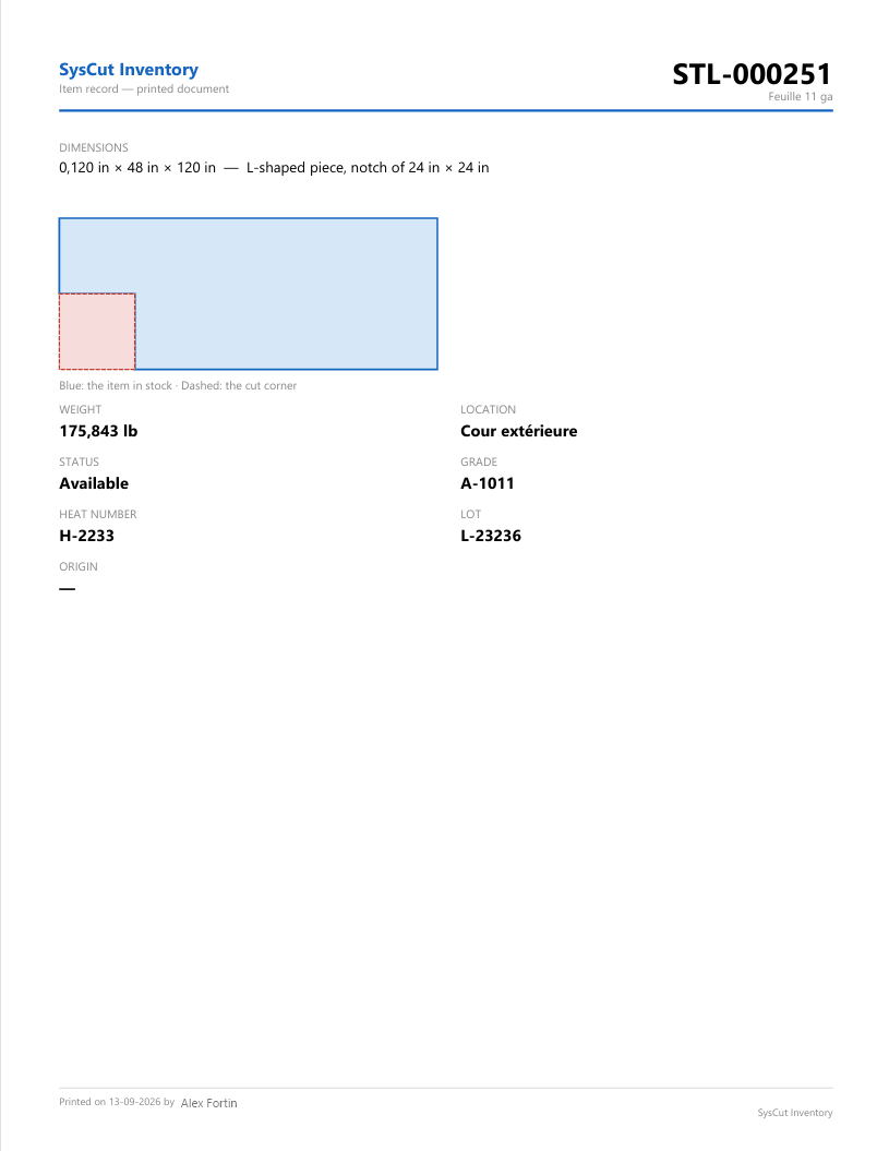 Item record PDF with a to-scale drawing of an L-shaped item