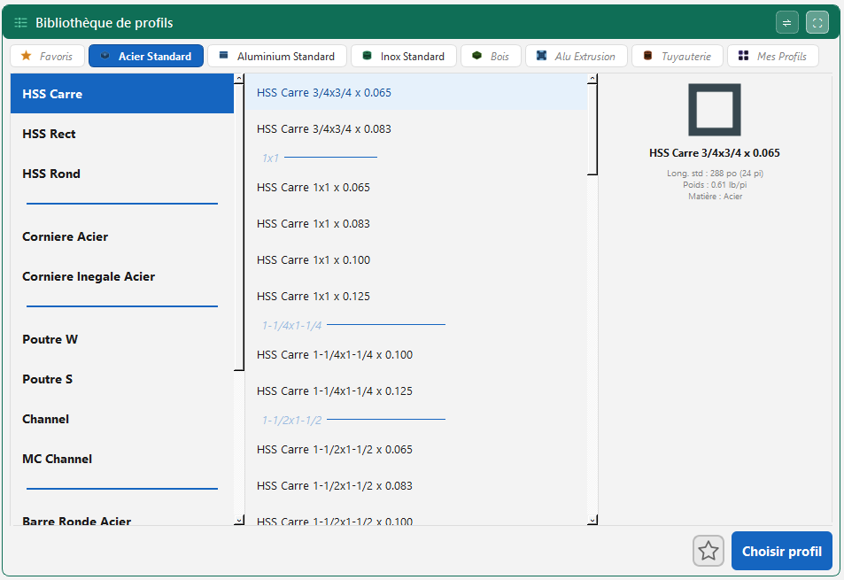 Selecting profiles in the SysCut Profile Suite library